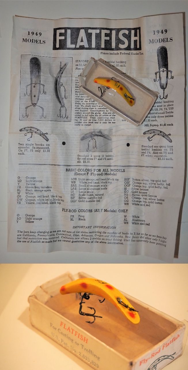 Flatfish 1949 modell i eske. Fra USA. Brosjyre med info i esken.