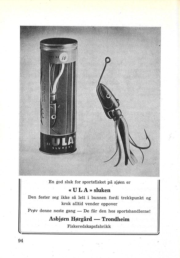 Reklame for sluken ULA, en tidlig utgave av det vi i dag kaller jig, fra magasinet Stangfiskeren 1954.